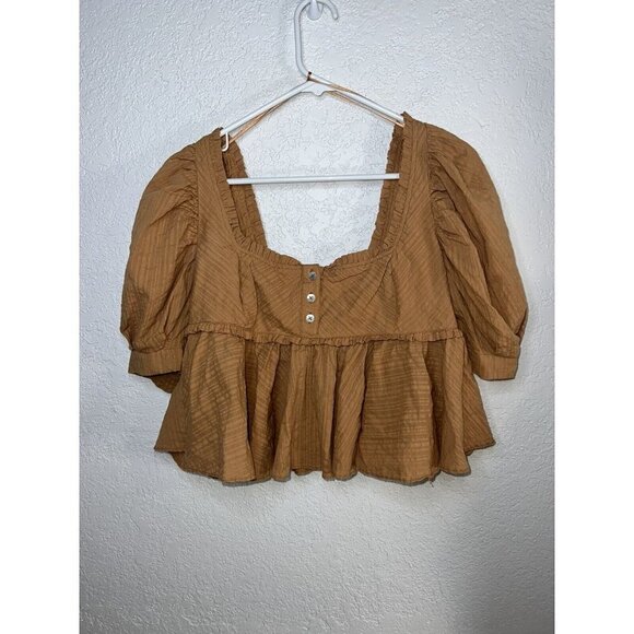 Free People Tops - Free People Top NWTS Cotton Oversized Crop Ruffles Puff Sleeves Clay Color (m)